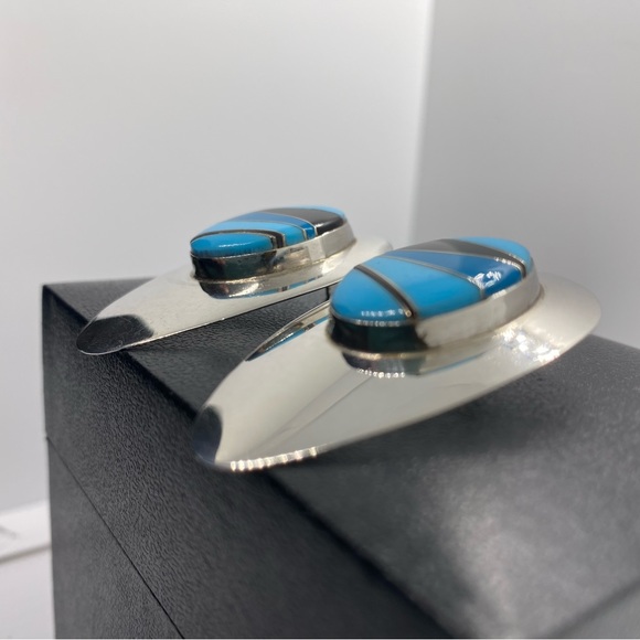 Sterling Silver Block Multi Stone Inlay Post Earrings SIGNED turquoise Navajo - Picture 6 of 16